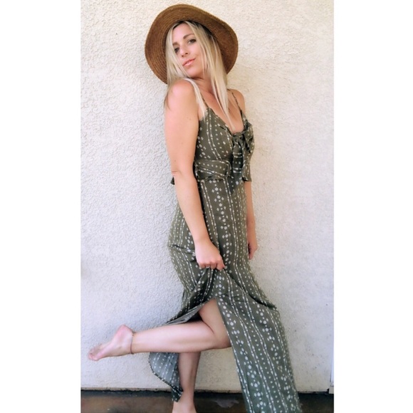 OLIVE + CREAM TIE FRONT RUFFLED MAXI DRESS S/M/L - Picture 7 of 12